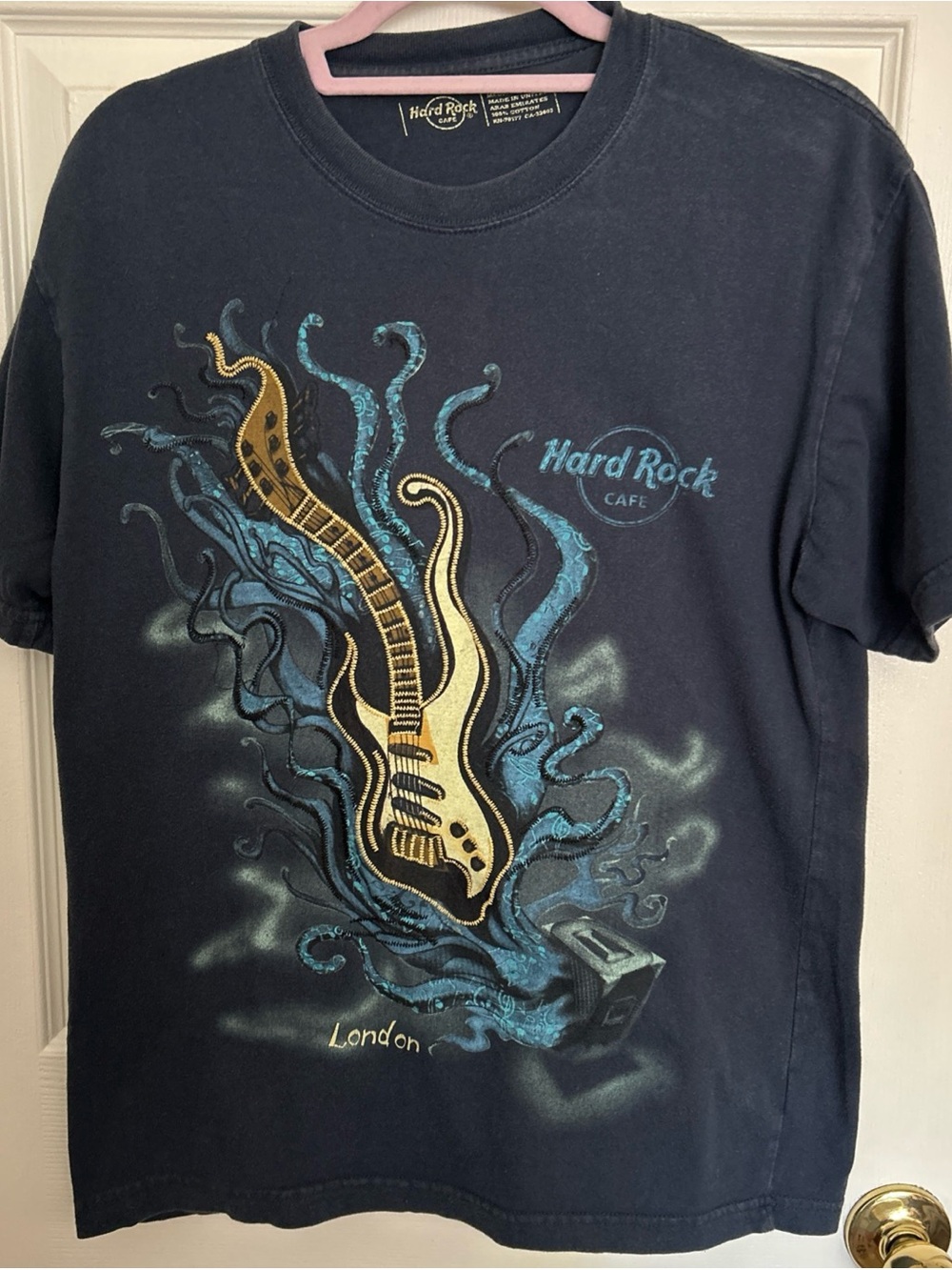Hard Rock Cafe Navy Tee with Gold & Teal Guitar Graphic
